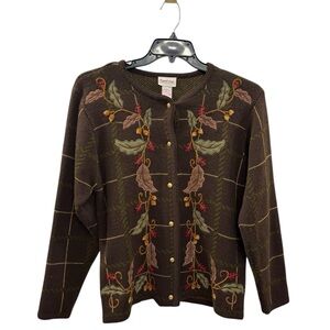 VTG 90s Crystal Kobe Brown Womens Sz S Autumn Leaves Acorns Cardigan Sweater Top